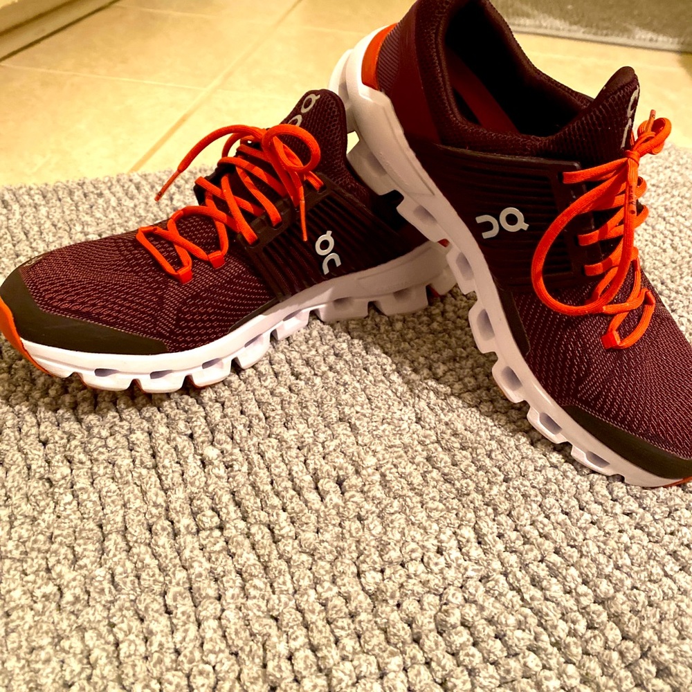 On Running Red Athletic Shoes with Cushioned Support